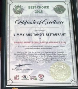 Jimmy and Tangs Restaurant Best Choice Award